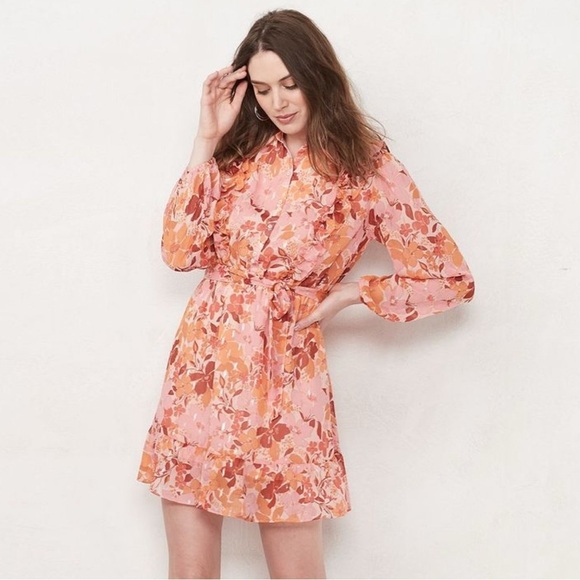 LC Lauren Conrad Size S Pink & Orange Floral Ruffle Button Front Mini Dress - Picture 1 of 10